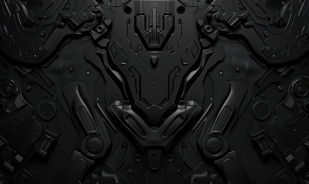 This image depicts a highly detailed, futuristic black robotic armor with a central V-shaped design, suggesting advanced technology and protection