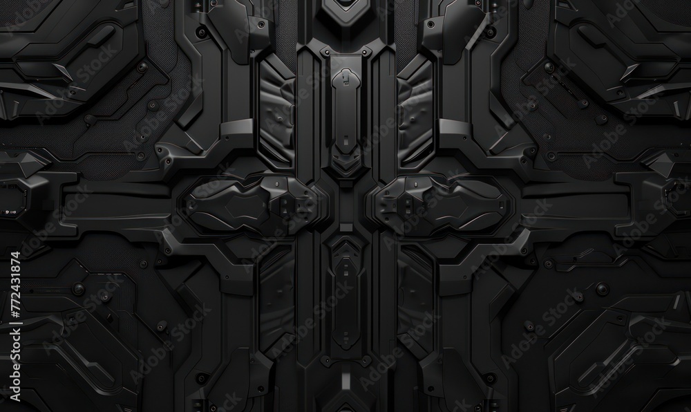 Poster a detailed and intricate design of a futuristic mechanical panel with a dark, sleek appearance and a