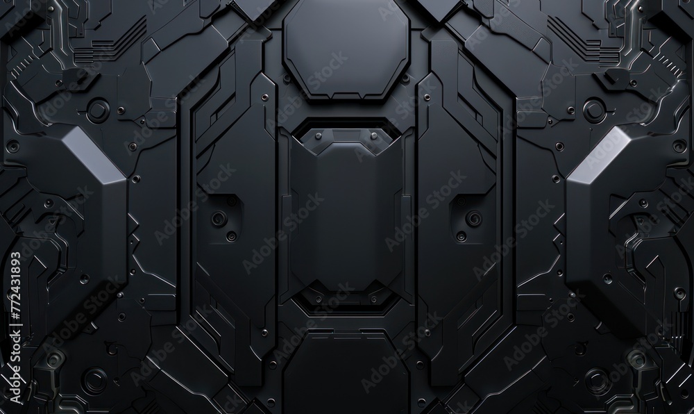 Poster this image showcases a detailed and futuristic black tech panel with hexagonal and intricate geometr
