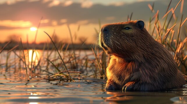 wildlife capybara hydrochoerus hydrochaeris biggest mouse near the water with evening light during sunset
