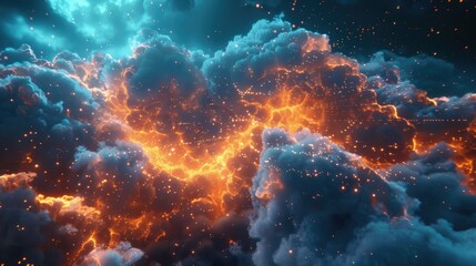 Glowing scifi cloud over digital ground, hyperrealistic vibrant particles and moody lighting effects - obrazy, fototapety, plakaty