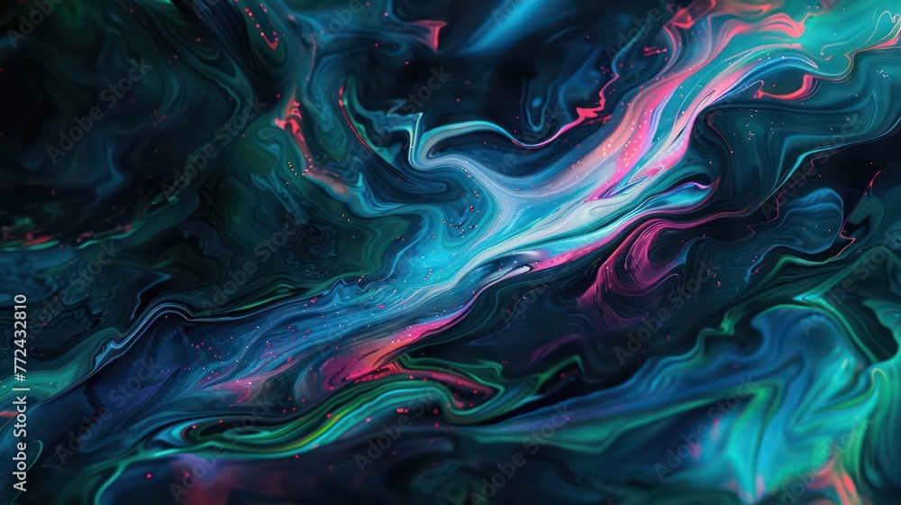 Poster exquisite movement of liquid flow with a swirl pattern in a mesmerizing blend of colors and lights The image evokes a sense of fluidity and dynamic motion