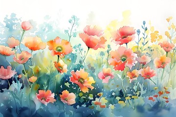 Vibrant Floral Watercolor Painting of Blooming Flowers in a Meadow Landscape