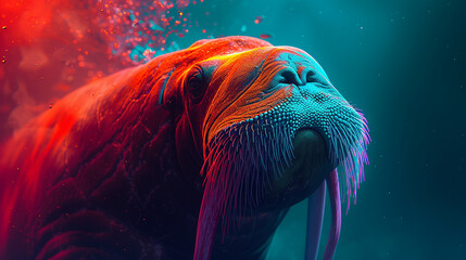 A Big Walrus on dark background neon Colors photo AI Generated - obrazy, fototapety, plakaty