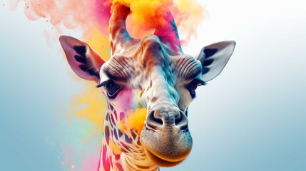 Giraffe head illustration focus macro detailed, cute little horns  Generate AI - obrazy, fototapety, plakaty