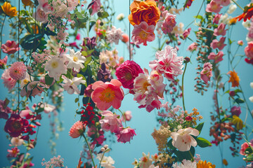 Flowers bursting forth from banners, creating a vibrant and dynamic floral display.