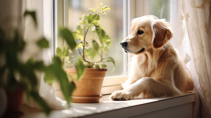 Golden retriever dog  lines up sweetly, sits in front of the door  , Generate AI