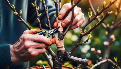 Expert Gardener Performing Fruit Tree Grafting to Combine Varieties