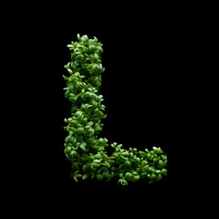 Capital letter L is created from young green arugula sprouts on a black background.