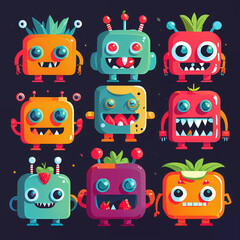 Fototapeta premium set, Vibrant Flat Design: Playful Exaggerations of Colorful Monsters