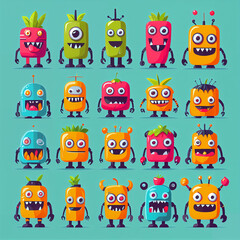 Fototapeta premium Set, Vibrant Flat Design: Playful Exaggerations of Colorfull Monsters, fruits and love