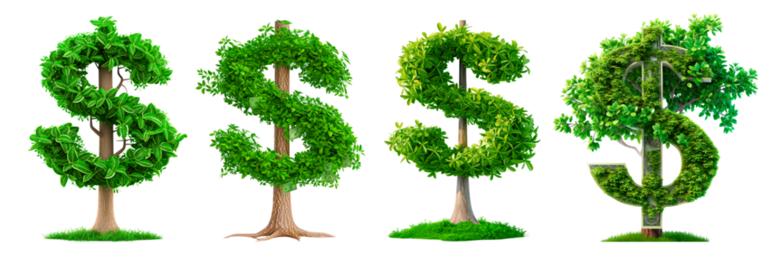 Set of a trees with leaves in the shape of dollar signs on a white or transparent background. Money trees close-up, frontal view. Concept of investment, financial literacy, and savings. - Powered by Adobe