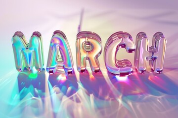 3D rendering of 'MARCH' with iridescent colors on a light gradient background.