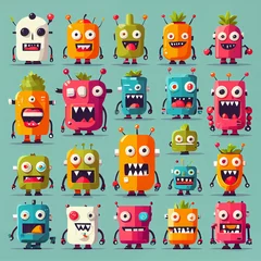 Meubelstickers Monster set, Vibrant Flat Design: Playful Exaggerations of Colorful Monsters