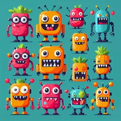 Fototapete Monster Set, Vibrant Flat Design: Playful Exaggerations of Colorfull Monsters, fruits and love