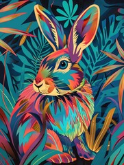 Naklejka premium Rabbit painting. Cute rabbit colorful. vibrant rabbit linotype flat color