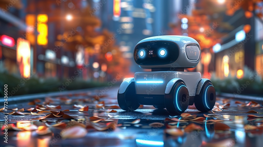 Poster autonomous robot exploring a city street at dusk