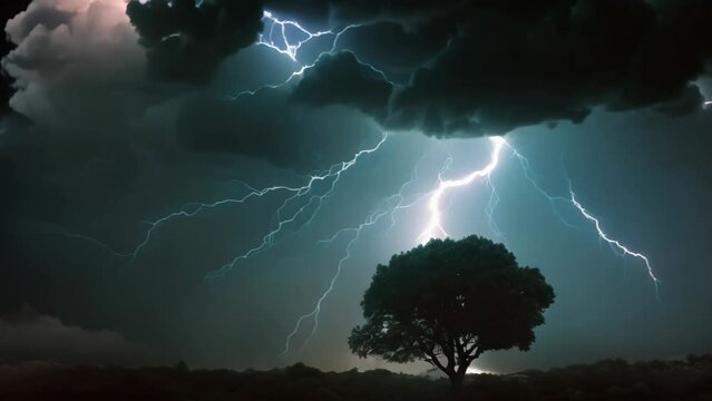 Conceptual image of lightning striking tree in field with dark background, AI Generated
