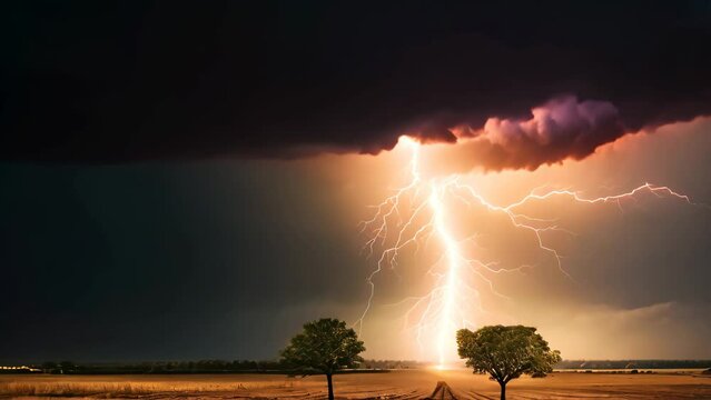 Conceptual image of stormy sky with lightning striking a tree, AI Generated