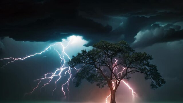 Conceptual image of lightning striking a tree in the field, AI Generated