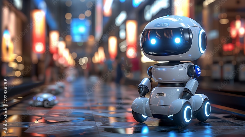 Poster charming robot exploring a neon-lit urban scene at dusk