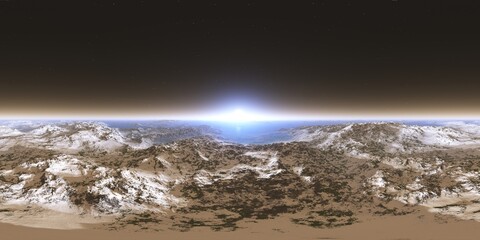 HDRI, Round panorama, spherical panorama, sunrise over the planet, sunrise over the icy moon,
3D rendering