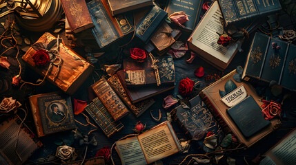 A Mysterious Collection of Thriller Books on a Vintage Wooden Table - obrazy, fototapety, plakaty