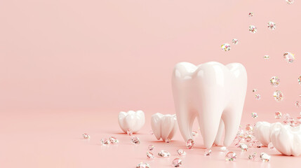 Model of a white human tooth, molar and jewelry made of small sparkling stones, diamond rhinestones pink background. Concept of dental care and health, dental decorations - obrazy, fototapety, plakaty