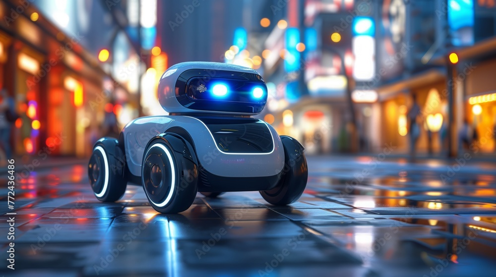 Poster autonomous robot navigating a city street at twilight