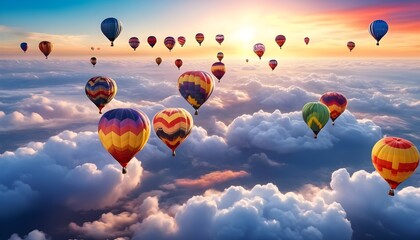 Naklejka premium Colorful air balloons flying in the sky over clouds landscape