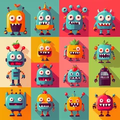 Muurstickers Monster Set, Vibrant Flat Design: Playful Exaggerations of Colorfull Monsters, fruits and love