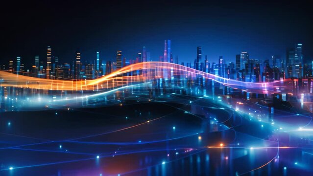 An electrifying abstract cityscape illuminated by vibrant lights and characterized by dynamic lines, Data transmission channel Motion of digital data flow, AI Generated