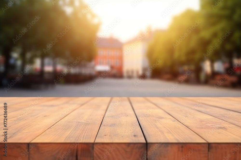 Poster the empty wooden table top with blur background of town square. exuberant image. generative ai