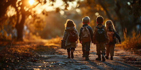 A Group of Children Walk to School Together at Sunrise. Elementary School Students on the First Day of School - obrazy, fototapety, plakaty