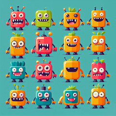 Naklejka premium set, Vibrant Flat Design: Playful Exaggerations of Colorful Monsters