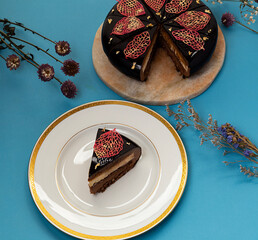 Chocolate tart with salted caramel and leaf decoration