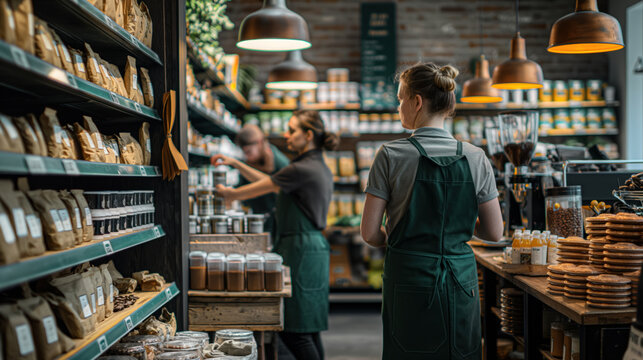 Grocery Store Employees Restocking Organic Food Aisles
