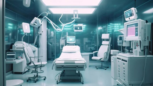 Interior of modern operating room with surgery equipment. 3d rendering, AI Generated