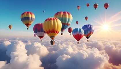 Fototapeta premium Colorful air balloons flying in the sky over clouds landscape