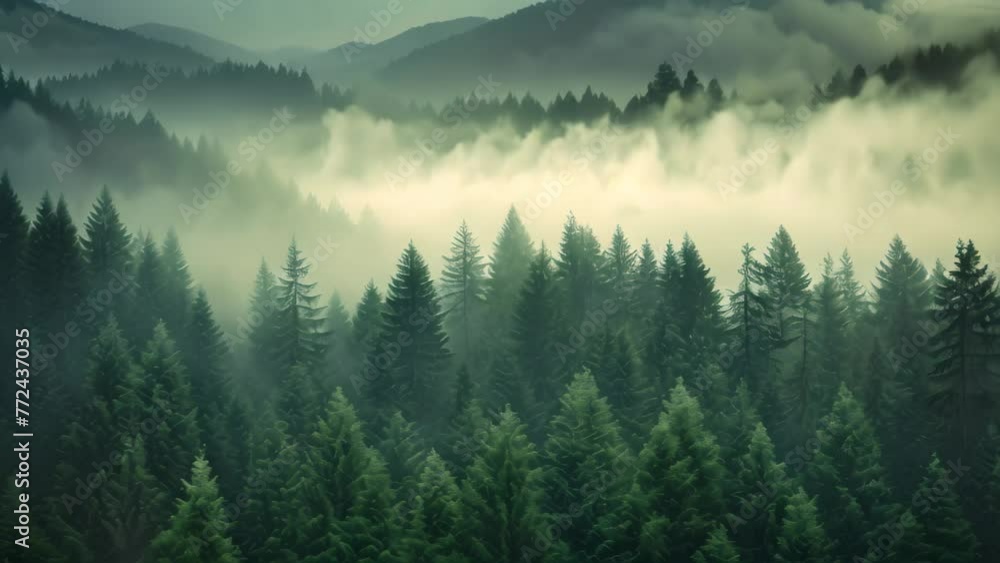 Aufkleber a serene forest teeming with towering trees immersed in a ethereal fog, creating a mystical atmosphe