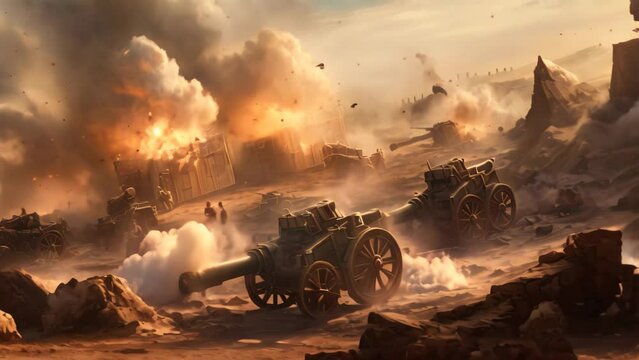 Discover a powerful depiction of an intense battle scene featuring a multitude of tanks in this remarkable painting, Modern artillery and anti-aircraft guns on a battlefield, AI Generated