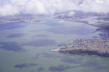Tagus bay and port of Lisbon, seen from the air. Lisbon, Portugal.