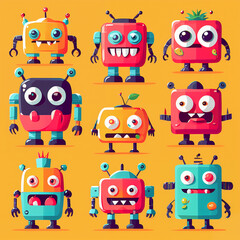 Set, Vibrant Flat Design: Playful Exaggerations of Colorfull Monsters, fruits and love