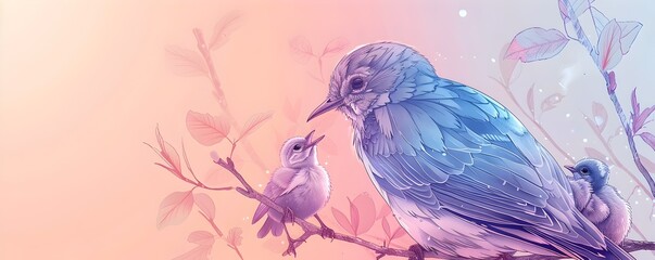 Elegant Blue Bird Perched on Flowery Branch in Dreamy Pastel Landscape