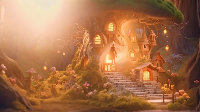 House in Woods With Stairs Leading to It, Pixar 3D image of a miniature elf dwelling and garden in an old hollowed-out tree, with dramatic fantasy lighting and marginalia, AI Generated