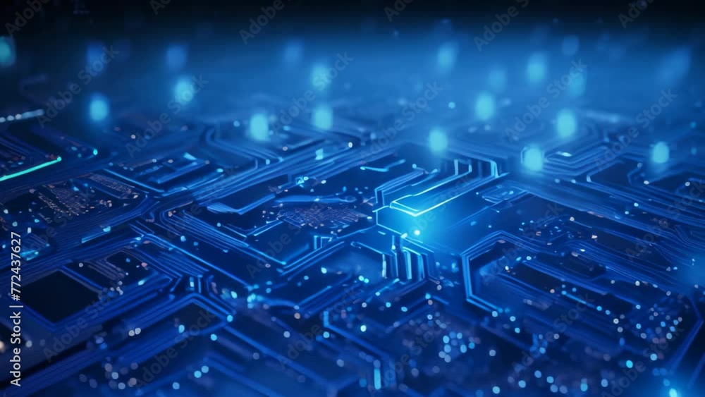 Poster a close-up photo of a computer circuit board illuminated by blue lights, technology background vecto