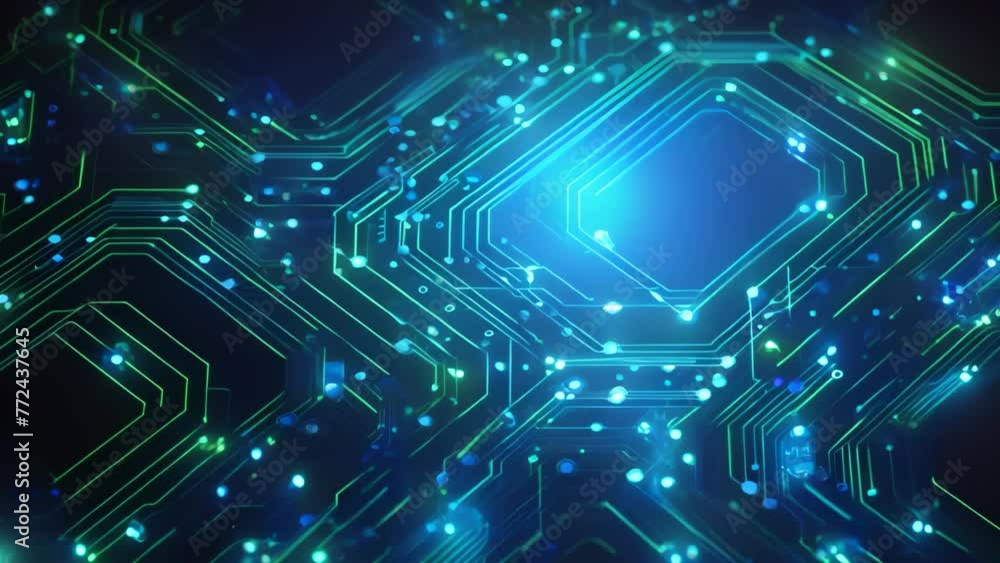 Poster a computer circuit board displaying a blue light in its center, symbolizing technology, connection, 