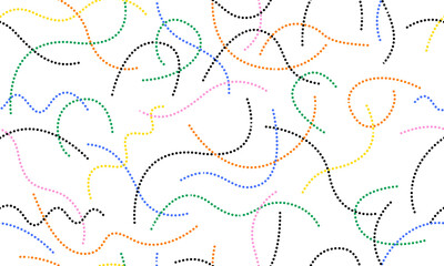 Colorful line doodle seamless pattern. Simple childish hand drawn seamless pattern. Random colorful scribble backdrop with swirls, bundles and dots. Fun colorful abstract background in doodle style - 772437636