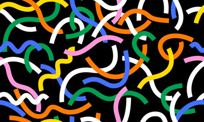 Colorful line doodle seamless pattern. Simple childish hand drawn seamless pattern. Random colorful scribble backdrop with swirls, bundles and dots. Fun colorful abstract background in doodle style - 772437647
