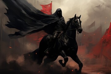 cloaked man riding a black horse waving a flag with some kind of symbol, digital art style, illustration painting